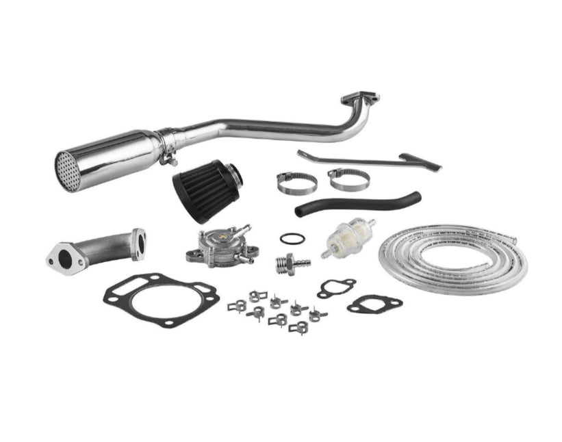 Close-up of the Accessory Kit for the Predator GHOST 212cc Racing Engine, showing a chrome exhaust pipe, muffler, air filter, and metal components designed for high-performance upgrades.