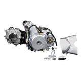 50cc 4-Stroke Auto-Clutch Electric Start Honda-Clone ATV Engine featuring visible wires, screws, and a black circle on a silver surface, including carburetor joint and other mounting hardware.