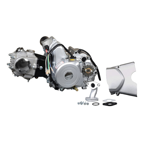 50cc 4-Stroke Auto-Clutch Electric Start Honda-Clone ATV Engine featuring visible wires, screws, and a black circle on a silver surface, including carburetor joint and other mounting hardware.