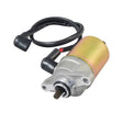 12 Volt Electric Starter Motor for 50cc QMB139 Scooter Engines, featuring a close-up of its metal gears, black rubber tube, and red and black connector cable.