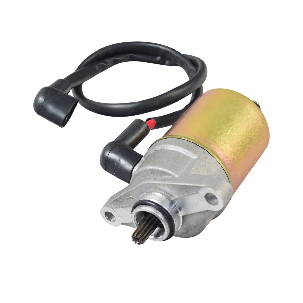 12 Volt Electric Starter Motor for 50cc QMB139 Scooter Engines, featuring a close-up of its metal gears, black rubber tube, and red and black connector cable.