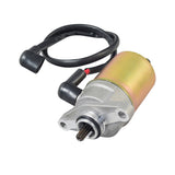 12 Volt Electric Starter Motor for 50cc QMB139 Scooter Engines, featuring a close-up of its metal gears, black rubber tube, and red and black connector cable.