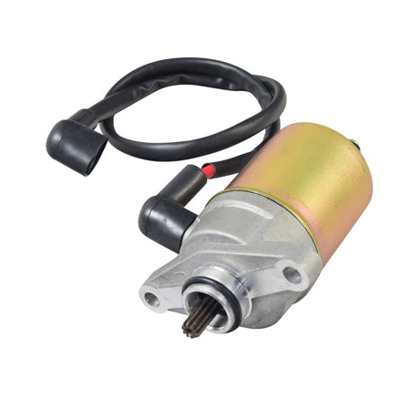 12 Volt Electric Starter Motor for the TaoTao ATM50-A1 Scooter, featuring a close-up of the device with visible black and red connector cables and gears.