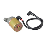 12 Volt Electric Starter Motor for KYMCO Agility 50, showcasing a close-up of its mechanical components, including a visible metal cylinder and connected cables, highlighting its ready-to-install convenience.