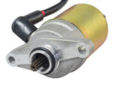 12 Volt Electric Starter Motor for 50cc QMB139 Scooter Engines, showcasing a close-up of the metal gear, black cable, and connector components, designed for compatibility with various scooter brands.