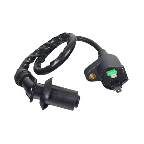 Ignition Coil for 50cc-150cc GY6 Scooter, ATV, & Dirt Bike Engines, featuring a black wire with green and white connectors, and a green button for easy mounting.