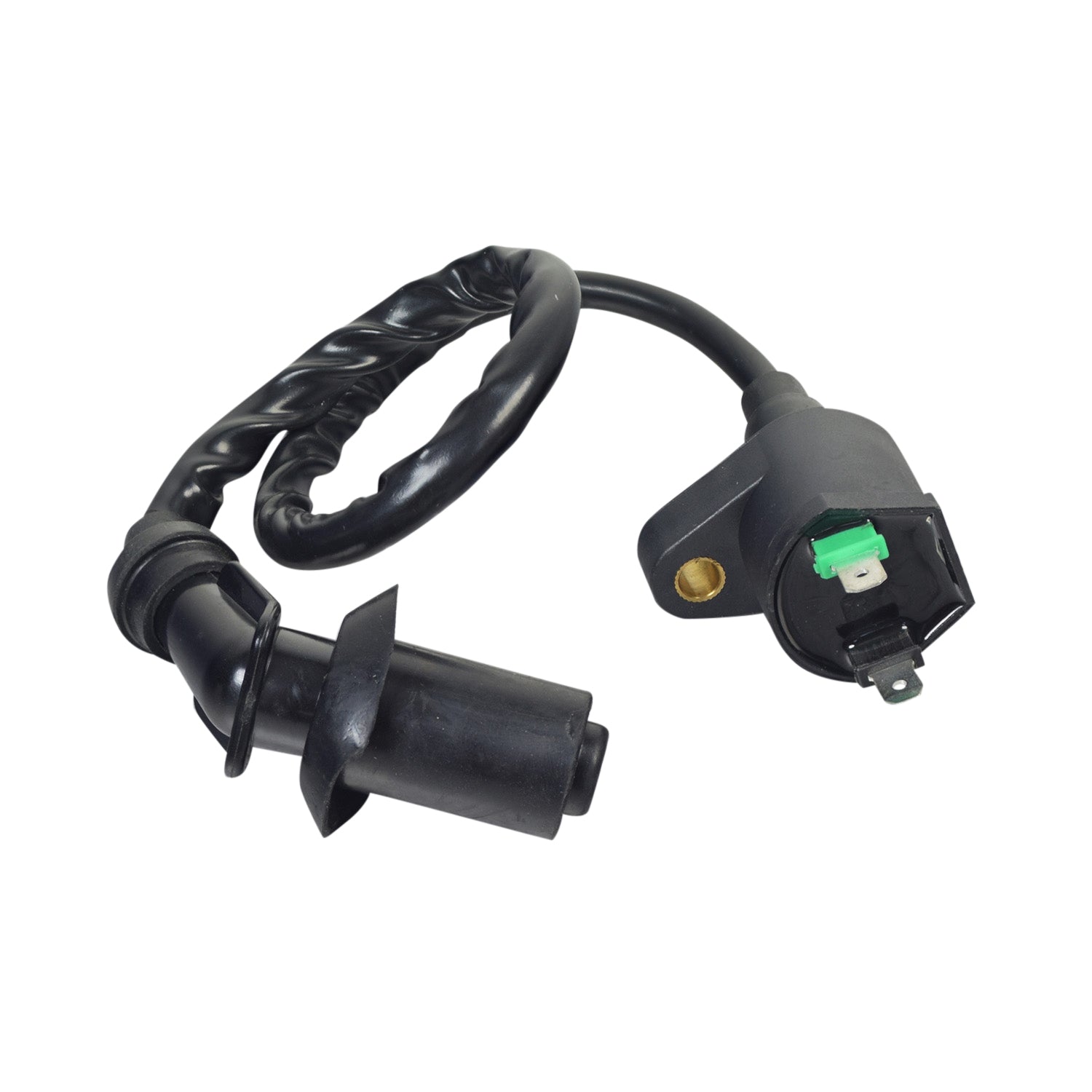 Ignition Coil for KYMCO Agility 50, featuring a black wire with green and white connectors, designed with two 1/4 terminals and single thru hole mounting, essential for spark plug functionality.