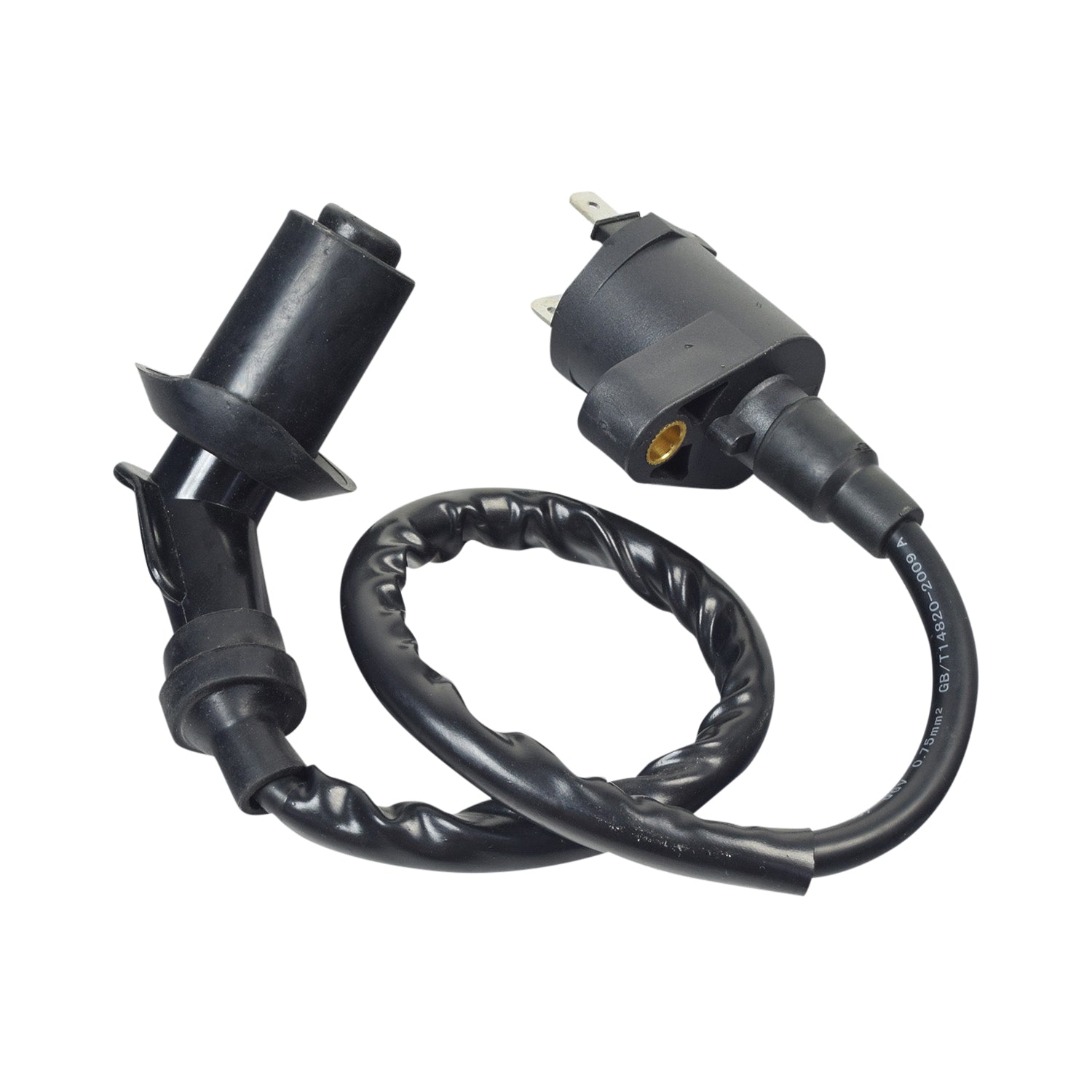 Ignition Coil for 50cc-150cc GY6 Scooter, ATV, & Dirt Bike Engines featuring a black wire with a metal connector and black plastic cylinder, close-up of a gold ring.