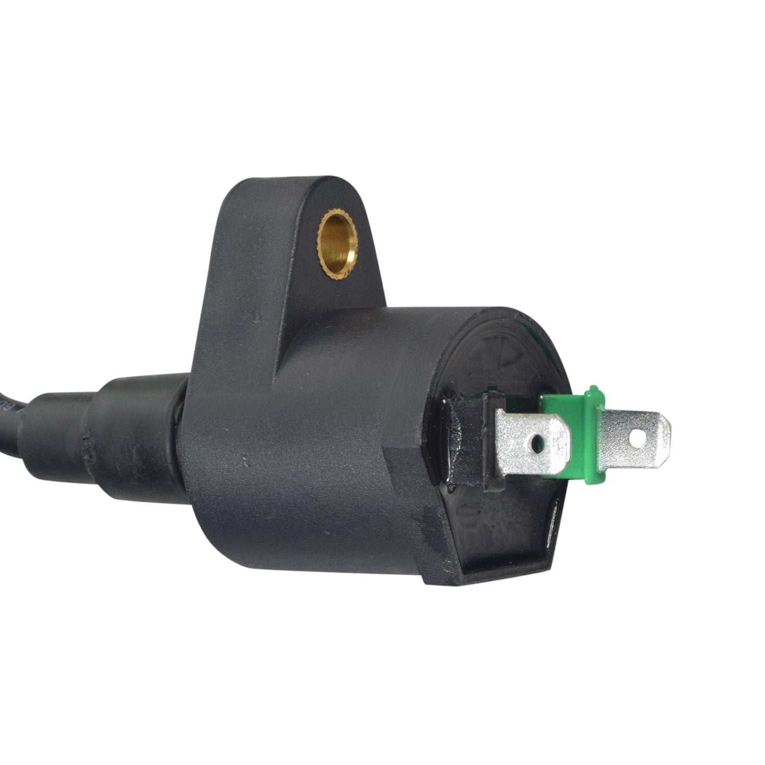 Ignition Coil for the TaoTao GK80 79.5cc Go-Kart: black electrical device with a green wire, metal connector, and two 1/4 terminals, featuring a close-up of the mounting area and cable.