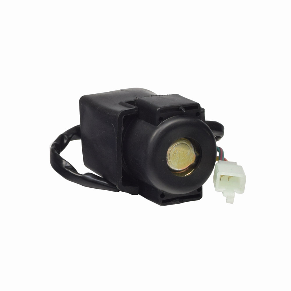 Starter Relay for Baja ATVs - VIN Prefix LE8S, featuring a black device with a visible wire and a yellow circle, close-up views of a white plug and metal components.