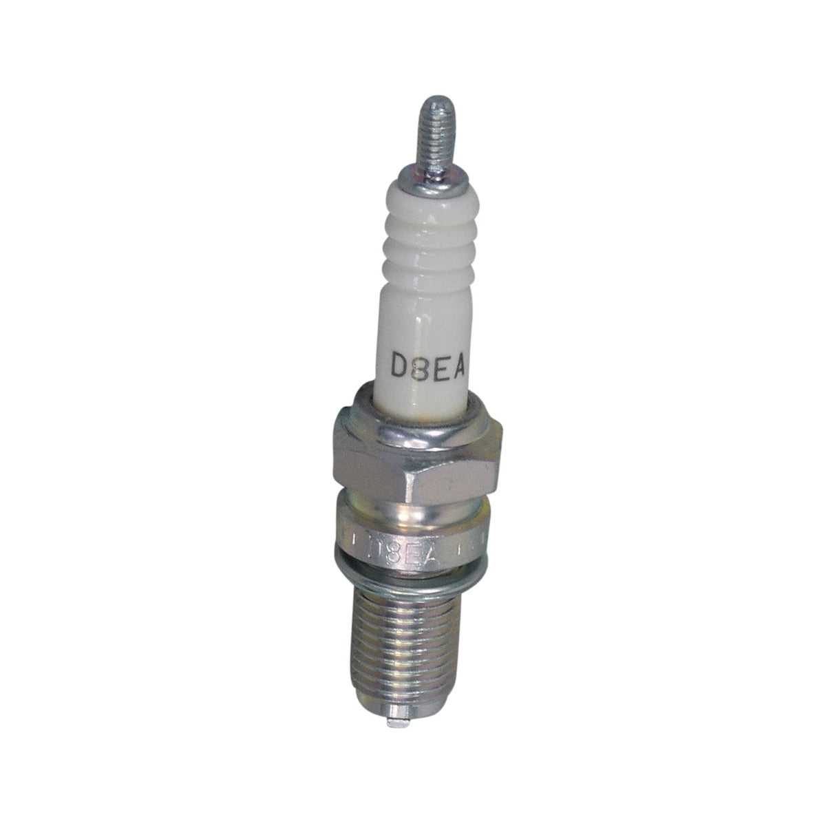 D8EA Spark Plug for 4-Stroke Engines by NGK, close-up of a white cap and silver metal body, typically used for 50cc to 125cc scooter engines, shown without terminal nut.