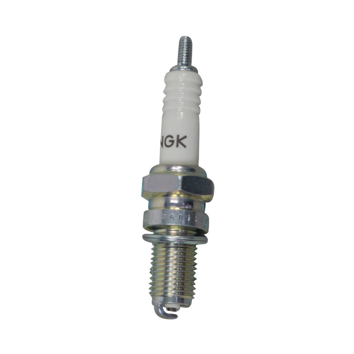 Close-up of the NGK D8EA Spark Plug for 4-Stroke Engines, featuring a white tip. Ideal for full-size scooter engines from 50cc to 125cc, sold without a terminal nut.