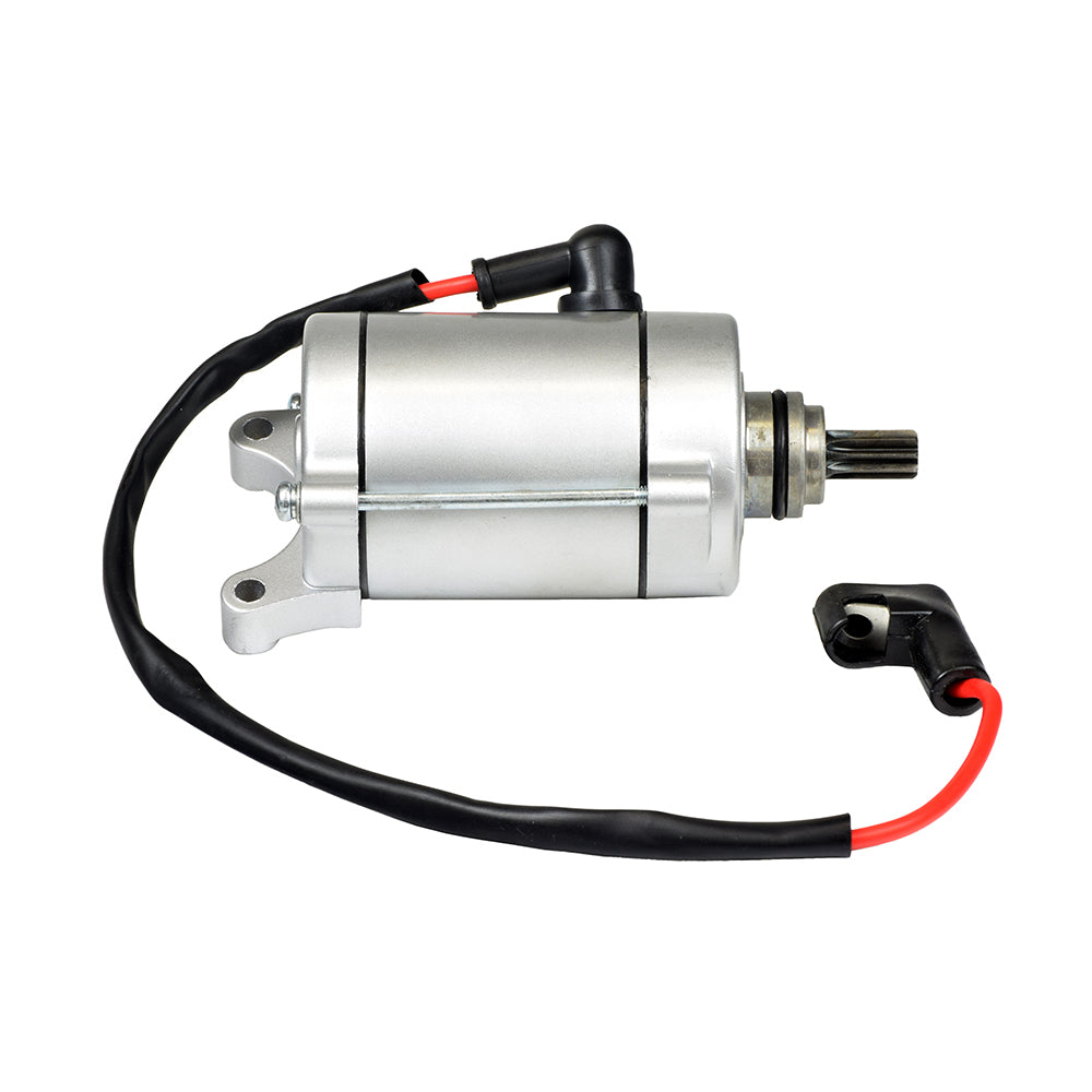 9 Tooth Starter Motor for 125cc/150cc, 250cc & 400cc ATVs, Dirt Bikes, & Go Karts, featuring a silver cylinder with black electrical cables and wires.