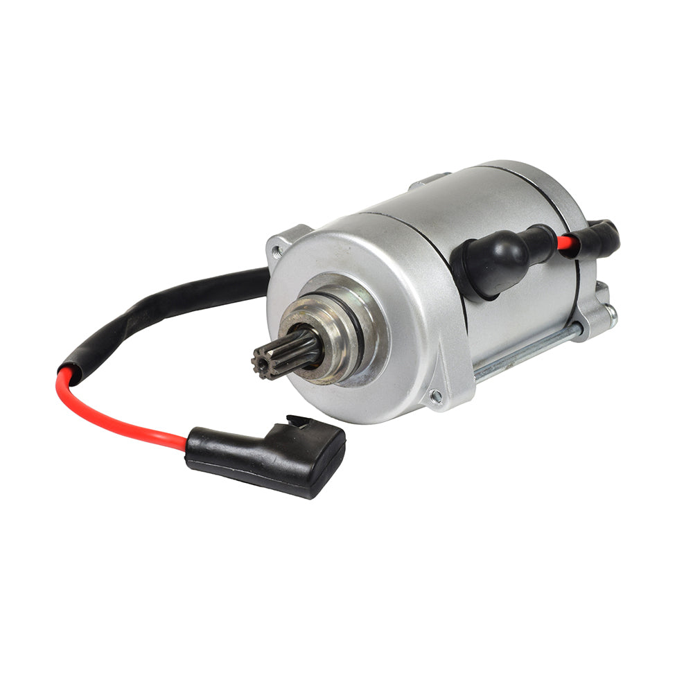 9 Tooth Starter Motor for 125cc/150cc, 250cc & 400cc ATVs, Dirt Bikes, & Go Karts (Blemished) showing a silver electric motor with black wires and connectors.