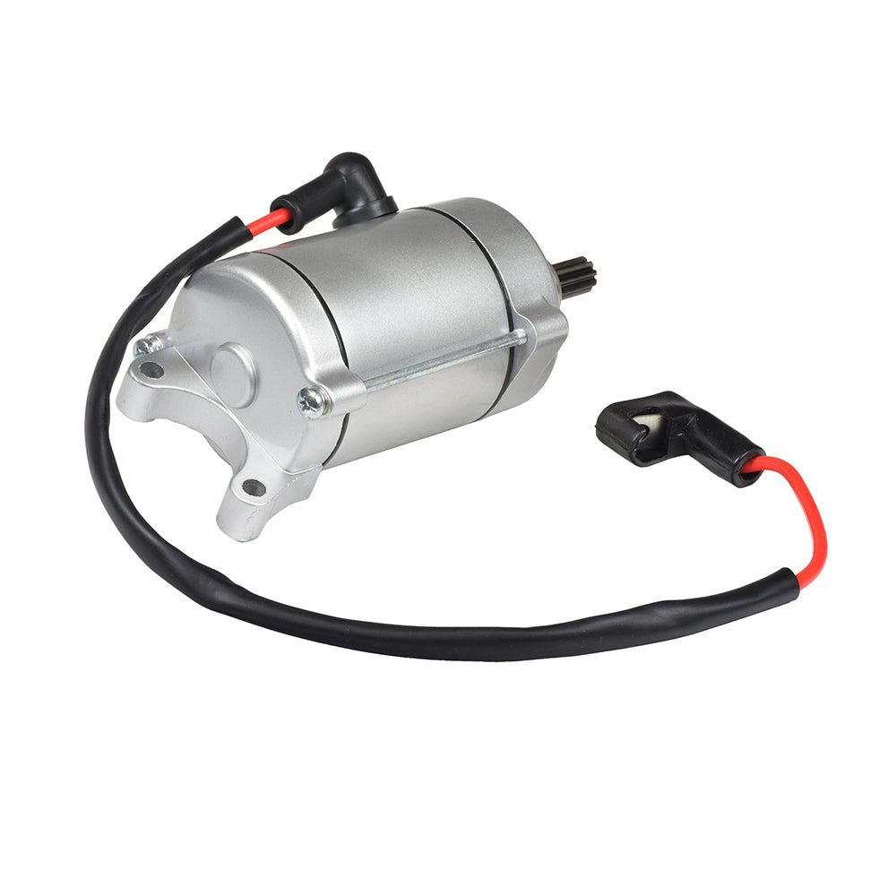 9 Tooth Starter Motor for 125cc/150cc, 250cc & 400cc ATVs, Dirt Bikes, & Go Karts (Blemished), featuring a silver body with black wires, designed for clockwise rotation, compatible with Baja Wilderness Trail 400.