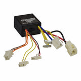 ZK2400-DP-LD (ZK2400-DP-FS) Control Module with 4-Wire Throttle Connector for Razor E100/E125, E150, E175, and Trikke E2 Scooters, featuring a black box with colorful wires and connectors.