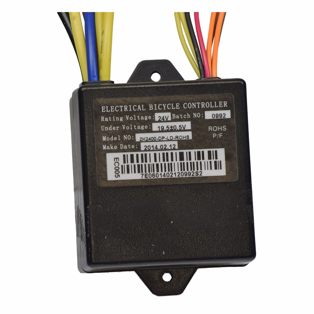 ZK2400-DP-LD (ZK2400-DP-FS) Control Module with 4-Wire Throttle Connector for Razor E100/E125 (Versions 10+), E150, E175, and Trikke E2 Scooters, featuring colorful wires and a barcode.