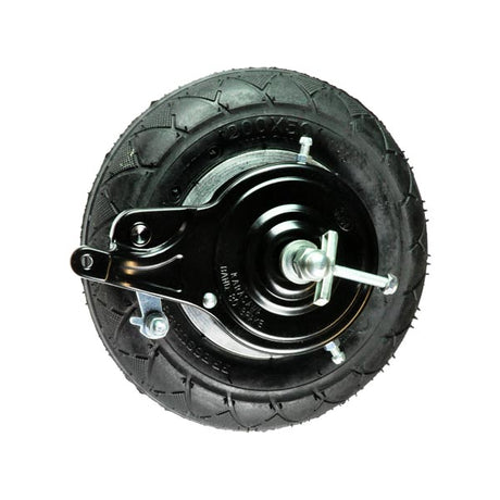 200x50 Rear Wheel Assembly for Chain Drive Razor E200 Series (Versions 28-35), featuring a black tire with a metal disc, rim, inner tube, bearings, drum brake assembly, and chain sprocket.