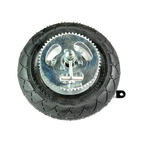 200x50 Rear Wheel Assembly for Chain Drive Razor E200 Series (Versions 28-35) showing a black tire with a metal rim, including bearings, drum brake assembly, and chain sprocket.