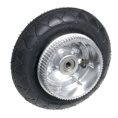 200x50 Belt-Drive Rear Wheel Assembly w/ Aluminum Rim and Sprocket; features a close-up of a black and silver automotive wheel, showcasing the tire tread, rim, and belt sprocket assembly.