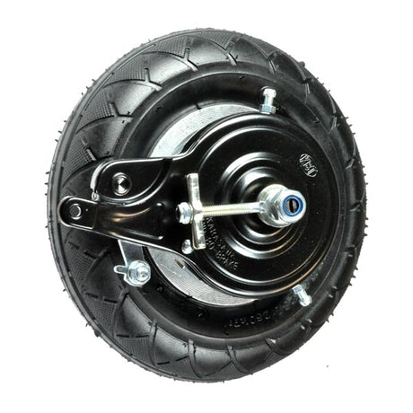 200x50 Rear Wheel Assembly for Chain Drive Razor E200 Series (Versions 5-27) featuring a black wheel with a metal screw, treaded tire, inner tube, rim, rear band brake, and chain sprocket.