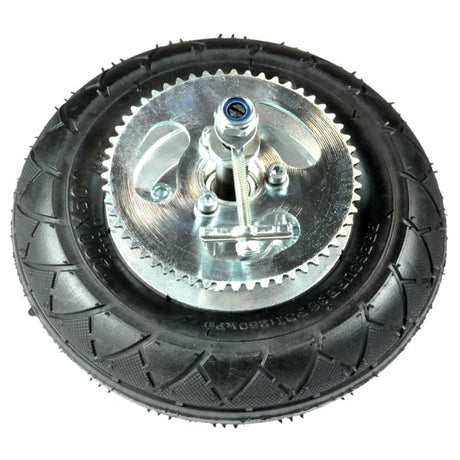 200x50 Rear Wheel Assembly for Chain Drive Razor E200 Series (Versions 5-27), featuring a black tire with tread, metal rim, rear band brake assembly, and chain sprocket, displayed from the side.