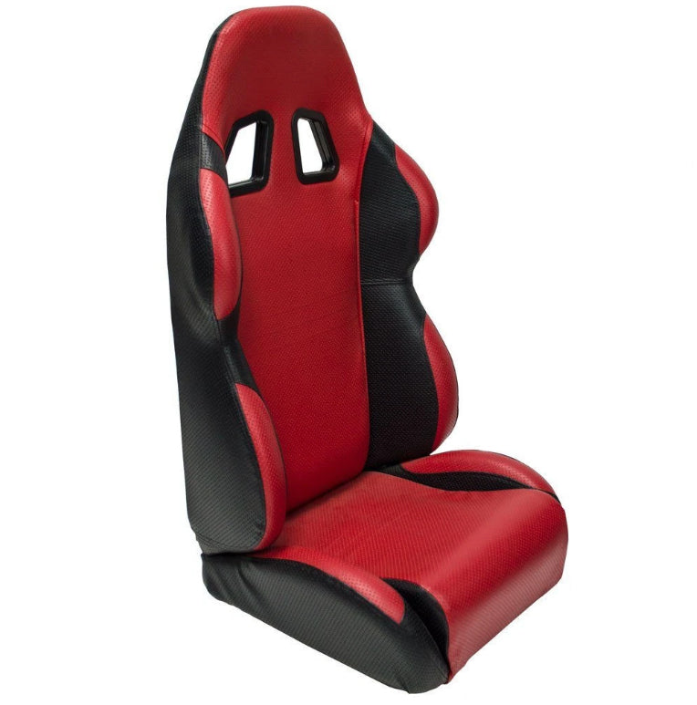 Red Single Seat for Go-Karts featuring a 2-tone design with black trim, twin back vents, and side padding for comfort and secure seatbelt placement.