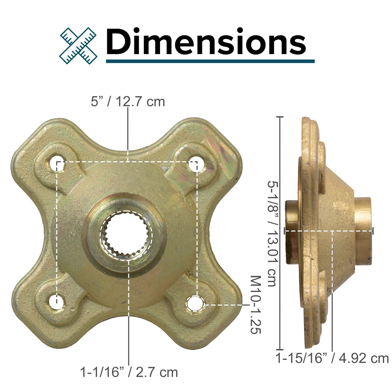 Wheel Hub for TaoTao ATA-300A1 & ATA-300H1 ATVs, solid brass with a splined 27 mm center hole and four M10-1.25 threaded holes, shown in a detailed diagram with measurements.