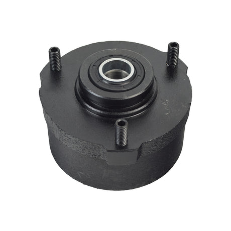 Front Wheel Hub with Brake Drum for the 110cc TaoTao ATA-110B ATV, featuring a black round object with a metal center, visible screws, and mounting studs for 6 or 7 wheels.