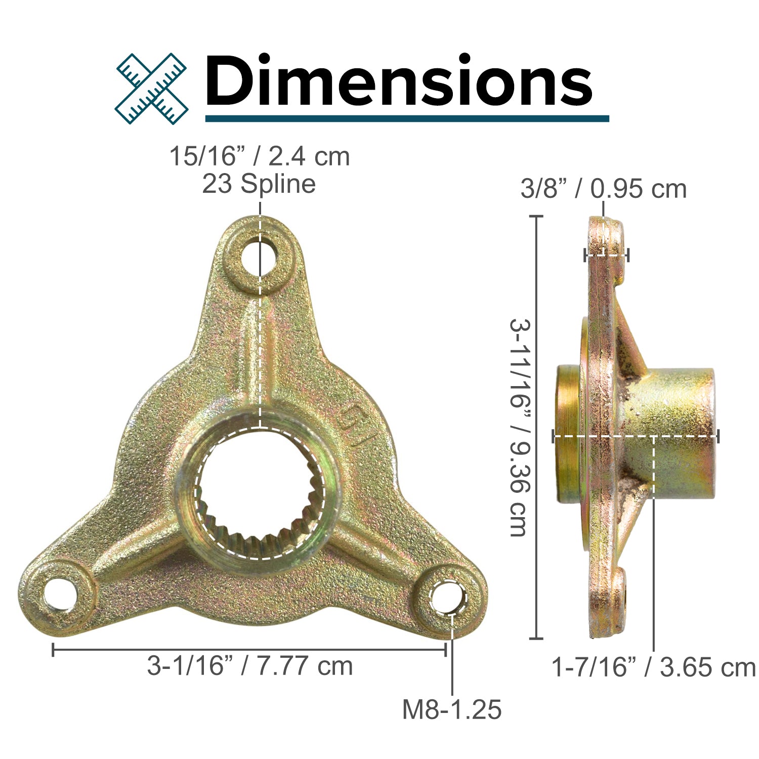 Rear Wheel Hub for 110cc-125cc ATVs and Go-Karts shown with three mounting holes, sizes, and dimensions. Close-up views highlight the 24 mm center hole with 23 splines and overall metal structure.