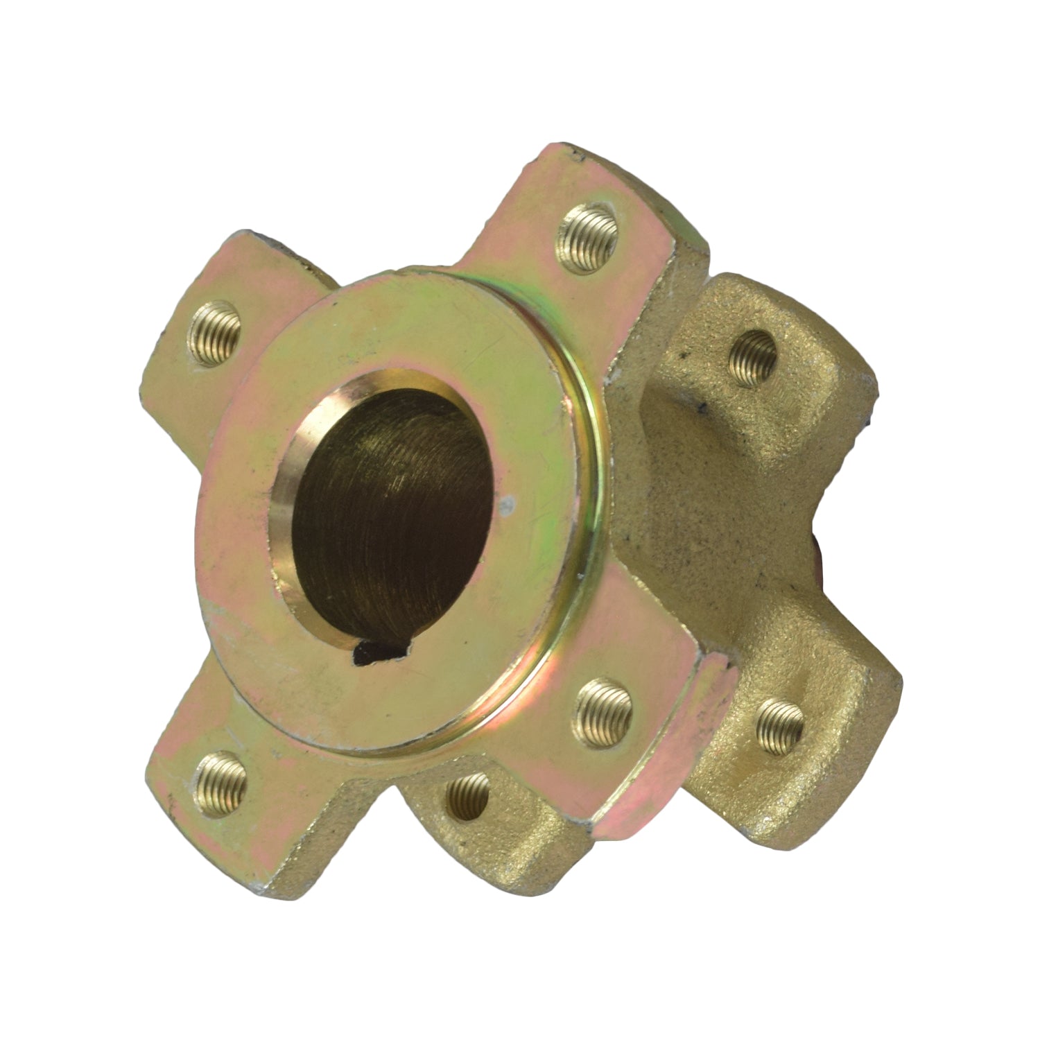 Rear Sprocket Mounting Hub for the Coleman KT196 Go-Kart, featuring a gold metal frame with multiple screw holes, designed for secure attachment to the rear sprocket.