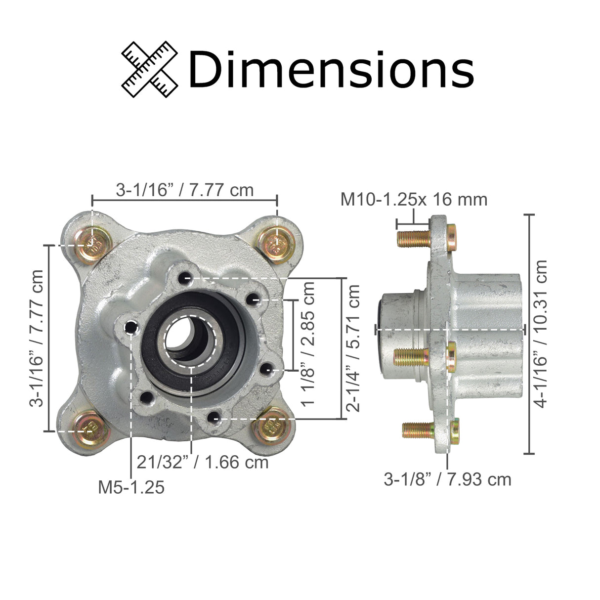 Front Wheel Hub for the Coleman BK200 Go-Kart, featuring a central hole, four stud bolts, and six bolt holes for the brake disc, shown with detailed measurements and dimensions.