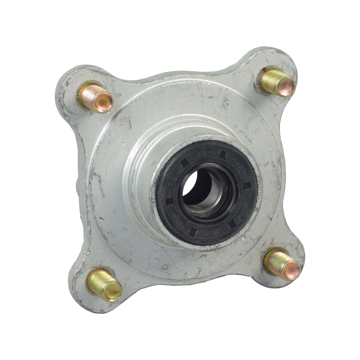 Front Wheel Hub for the Coleman BK200 Go-Kart, featuring a metal circular hub with four stud bolts and six bolt holes, suitable for various go-kart models and custom projects.