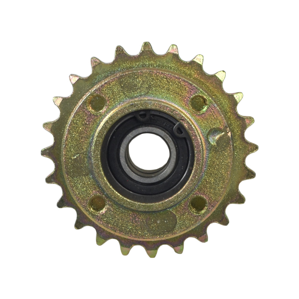 Close-up of a 24 Tooth #35 Chain Front Sprocket for the Coleman CK100 Go-Kart, highlighting its intricate gear design and metal structure.