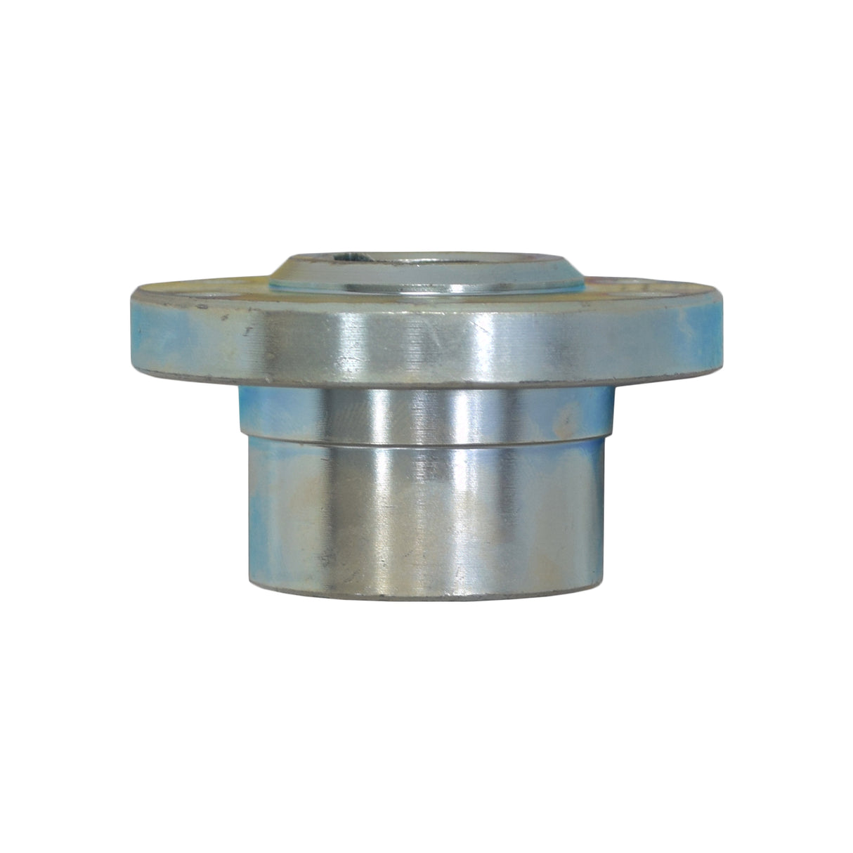 Rear Sprocket & Brake Rotor Mounting Hub for Coleman CK100 & SK100 Go-Karts, featuring a shiny metal cylinder with a round hole and six threaded mounting bolt holes for securing the sprocket to the axle.