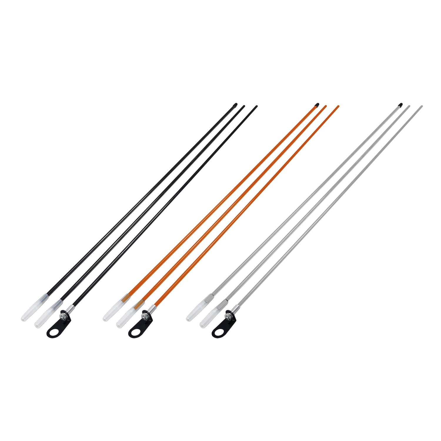 3-Piece Bicycle Flagpole showing long metal rods with white caps, a close-up of a screw and nut, and universal mounting hardware, designed for easy installation on a bike's rear axle.