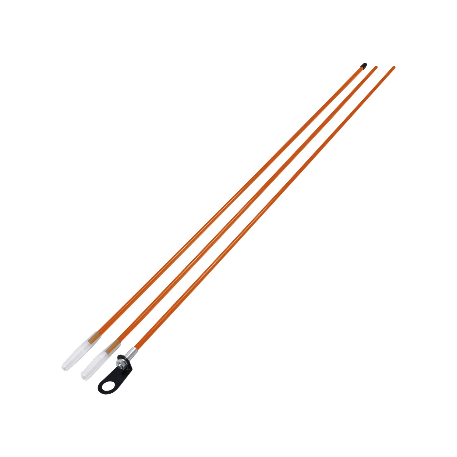 3-Piece Bicycle Flagpole showing three long orange sticks with white caps, designed to be easily attached to a bike's rear axle for increased visibility and safety.