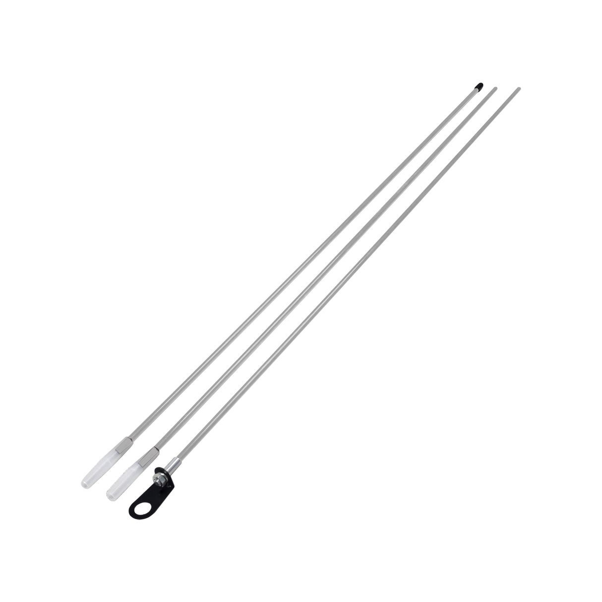 3-Piece Bicycle Flagpole showing three long silver poles with black handles, designed for easy installation on bike rear axles, enhancing visibility and safety while cycling.