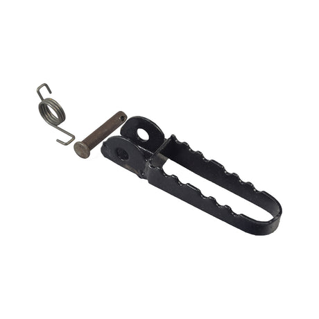 Foot Peg for Dirt Bikes, Mini Bikes, & Scooters: A black metal foot peg featuring a spring and clevis pin, suitable for use as a left or right footrest on various bikes and scooters.