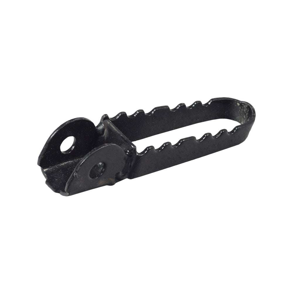 Foot Peg for Dirt Bikes, Mini Bikes, & Scooters: Black metal foot peg with a hole, nut, and spring, suitable as a left or right footrest, designed for durability and versatility in various bikes and scooters.