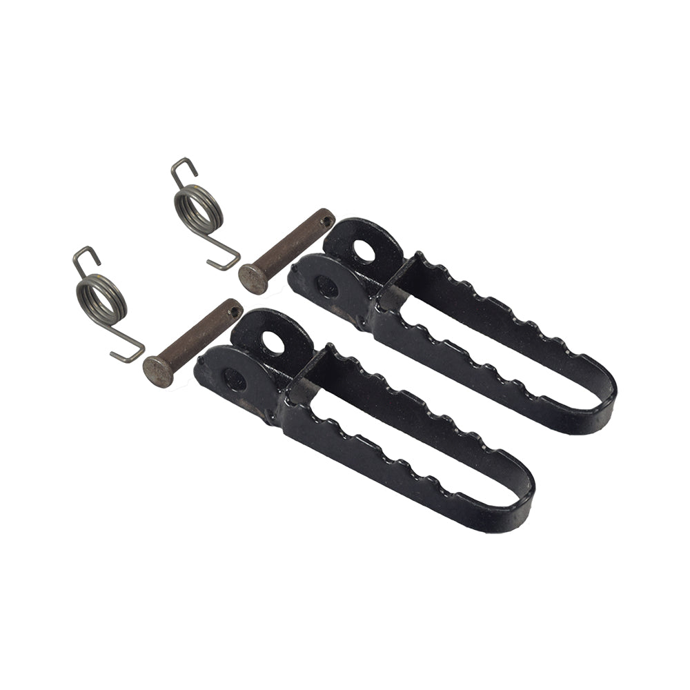 Foot Peg for Dirt Bikes, Mini Bikes, & Scooters: Close-up of a black metal peg with spring and clevis pin, suitable for use as a left or right footrest on various bikes and scooters.