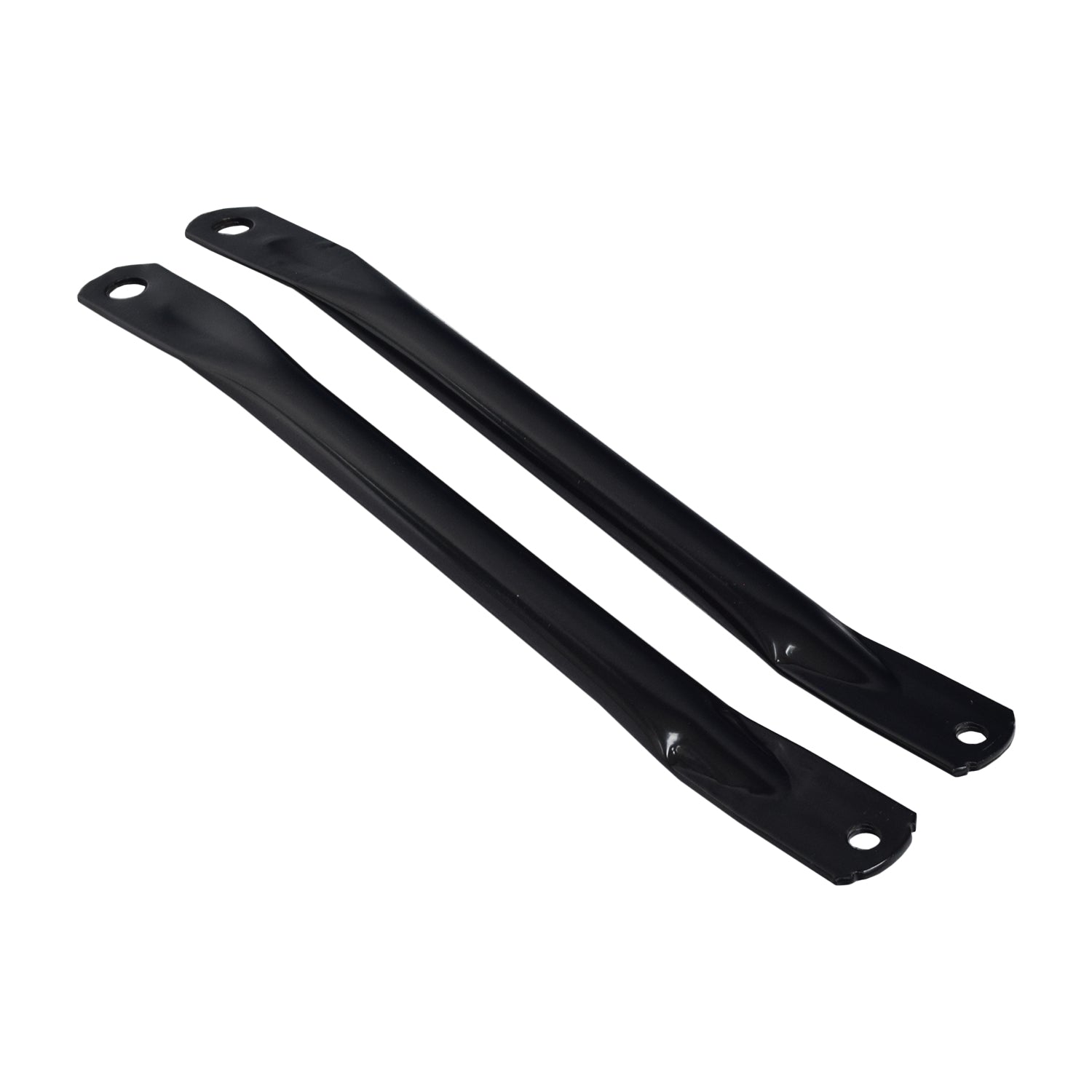 Rear Rack Supports for the Coleman CT200U Mini Bike displaying two black metal straps designed for mounting a cargo rack, each with holes for attaching to the rear axle and rack.