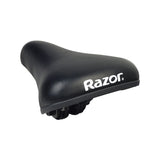 Seat for the Razor E-Punk featuring cushioned black vinyl with white text, designed for comfort. Close-up highlights include the logo and standard 7/8 mounting for easy replacement.