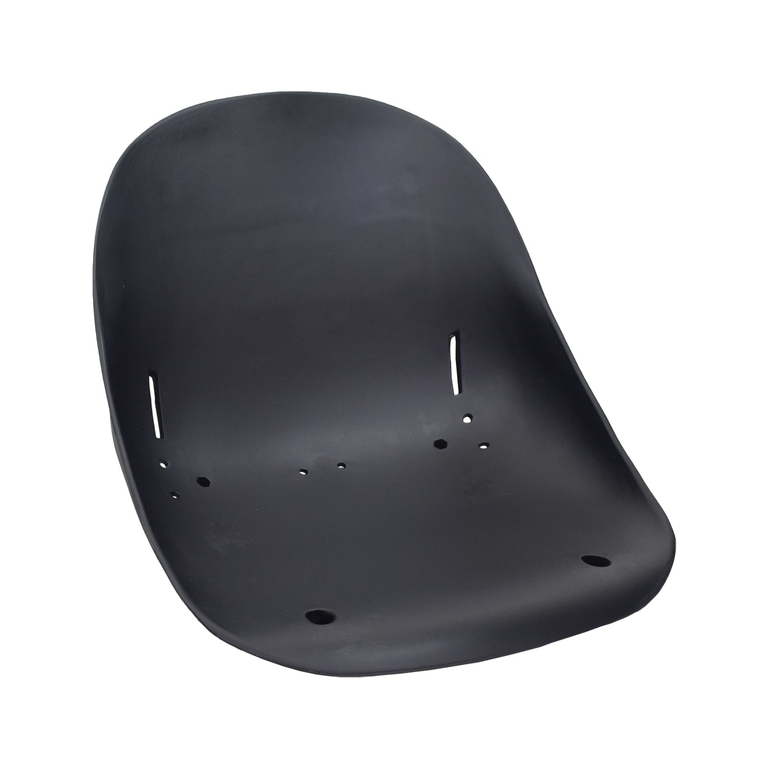 Black Plastic Seat for Go-Karts & Drift Trikes; low-back, durable hard black plastic with mounting and drain holes, vertical slits for lap belt, and a wide design suitable for most adults.