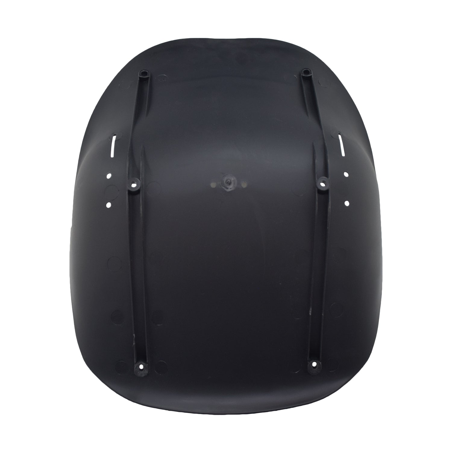 Black Plastic Seat for Go-Karts & Drift Trikes, featuring a durable molded design, four mounting holes, six rear drain holes, and two slits for a safety lap belt.