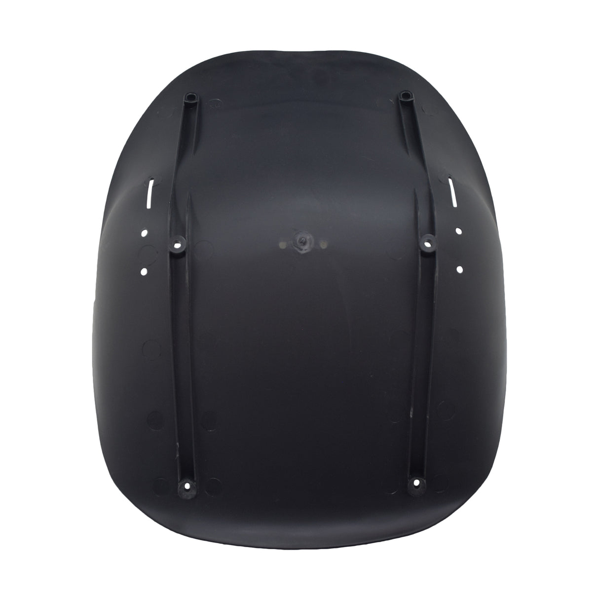 Black Plastic Seat for Go-Karts & Drift Trikes, featuring a durable molded design, four mounting holes, six rear drain holes, and two slits for a safety lap belt.