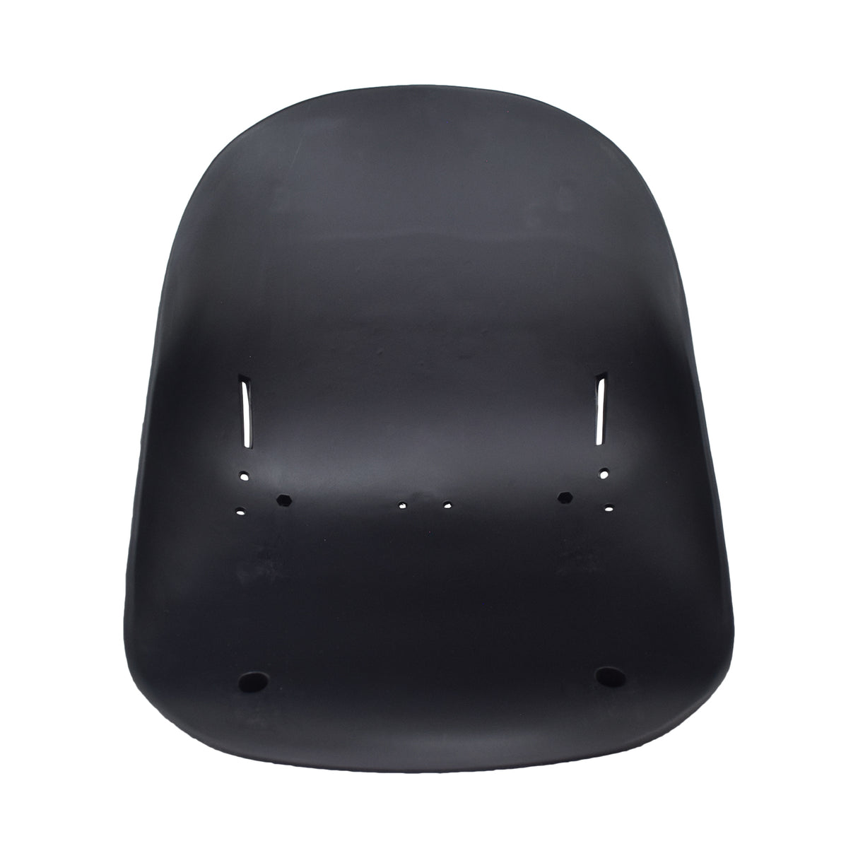 Black Plastic Seat for Go-Karts & Drift Trikes; features a durable low-back design with mounting and drain holes, and vertical slits for safety lap belts.