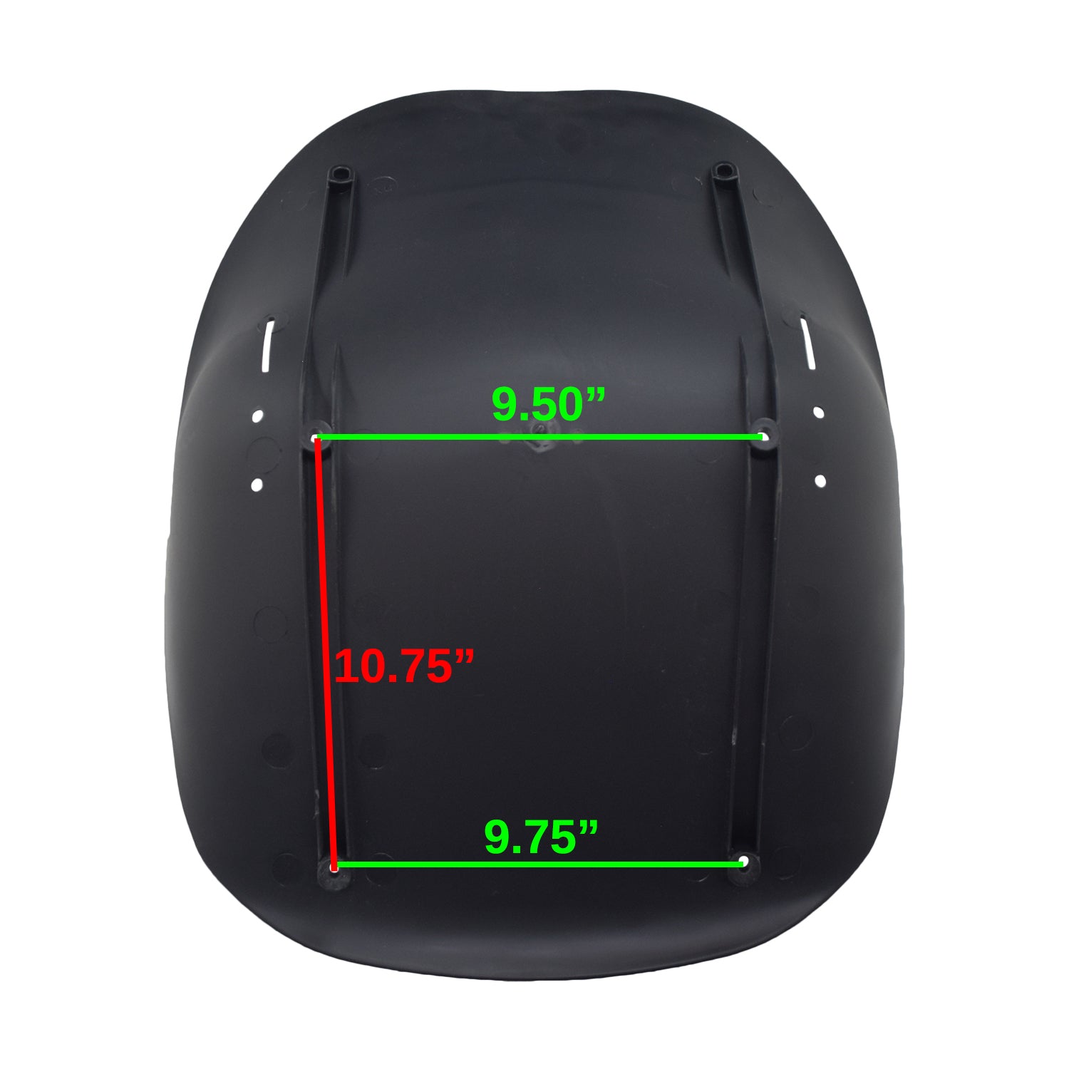 Black Plastic Seat for Go-Karts & Drift Trikes featuring four mounting holes, six rear drain holes, and vertical slits for a safety lap belt.