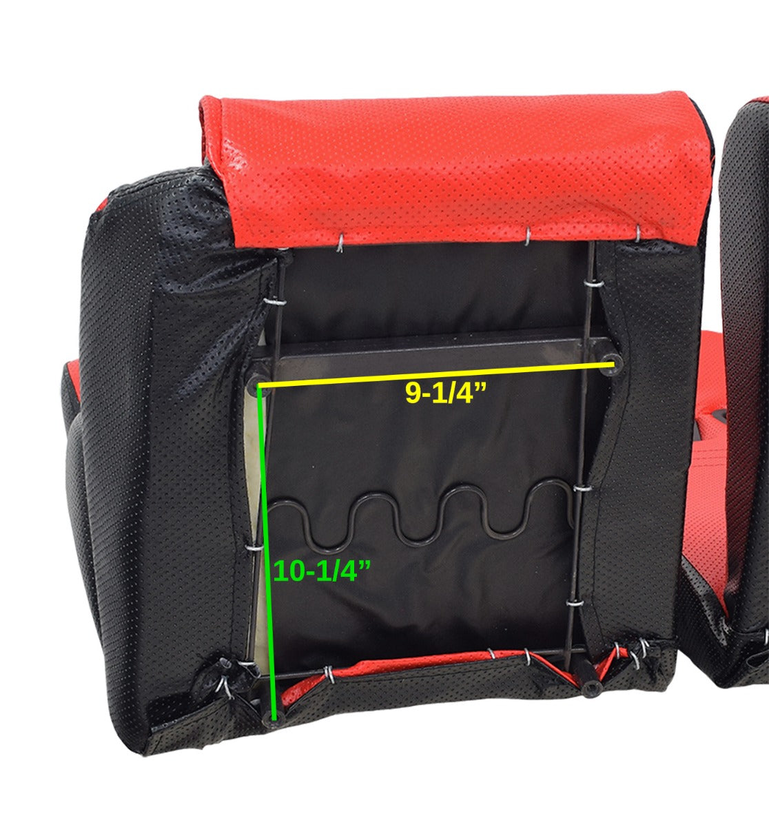 Left & Right Passenger Seat for the Baja Dune (DN250) Go-Kart featuring two-tone red and black upholstery with green markings, back vents for seatbelt placement, and combined dimensions of 33 x 35.