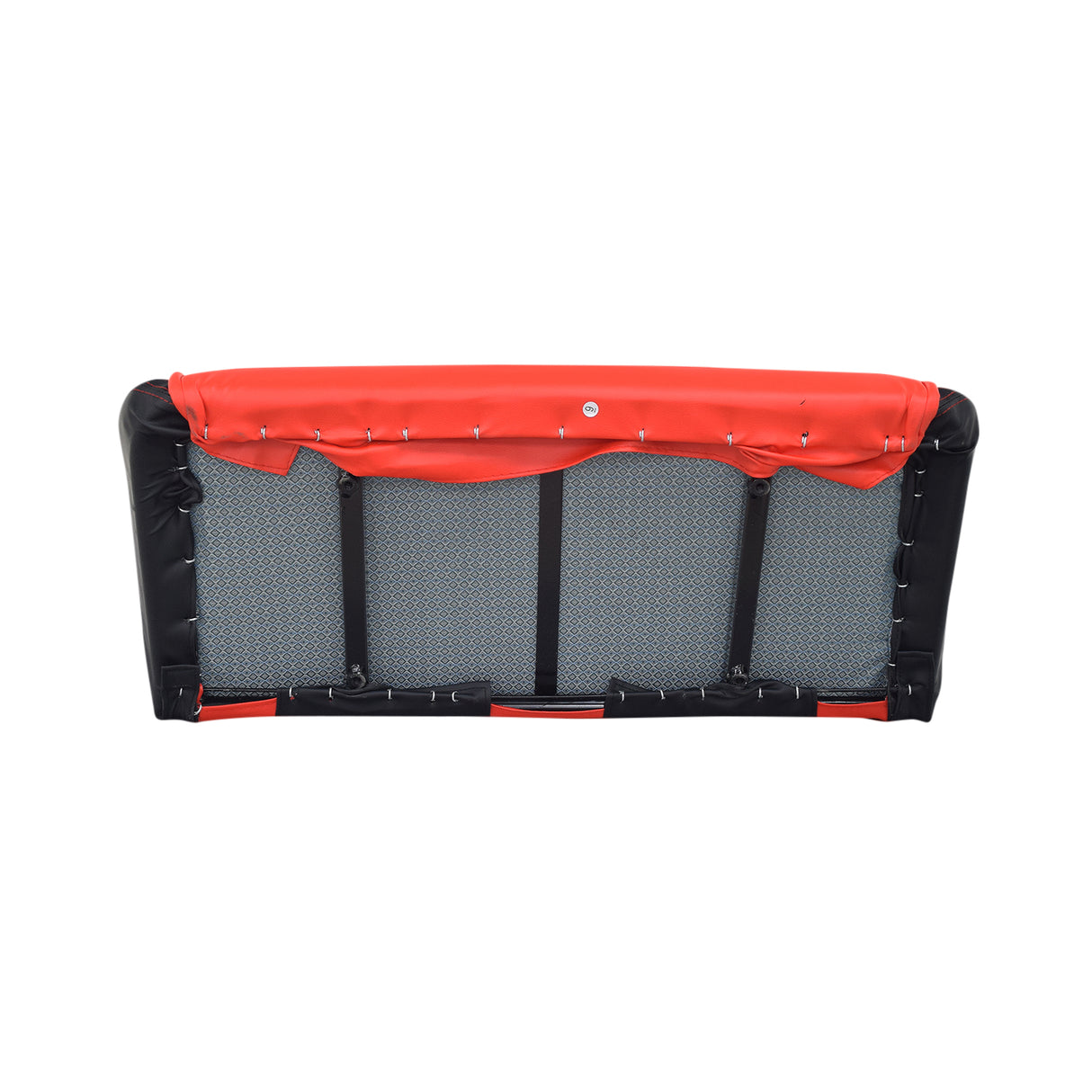 31-1/2 Red Double Seat for the Coleman KT196 Go-Kart with black straps and vented back for secure seatbelt placement. Ideal as a replacement for enhanced safety and comfort in go-karting.